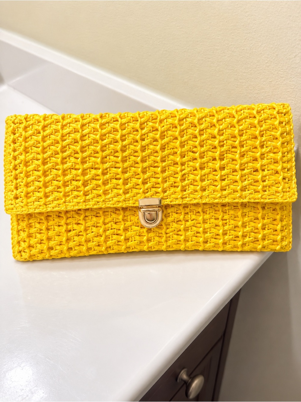 Yellow Woven Clutch Bag with Gold-Tone Lock